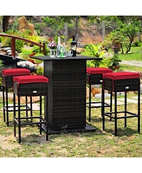 5 Pieces Patio Rattan Bar Furniture Set with Cushions and Hidden Storage Shelf