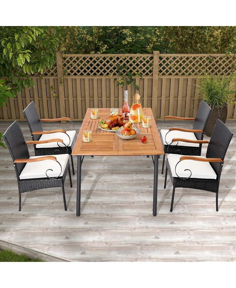 Skonyon Set of 2 Outdoor Pe Wicker Chair with Acacia Wood Armrests