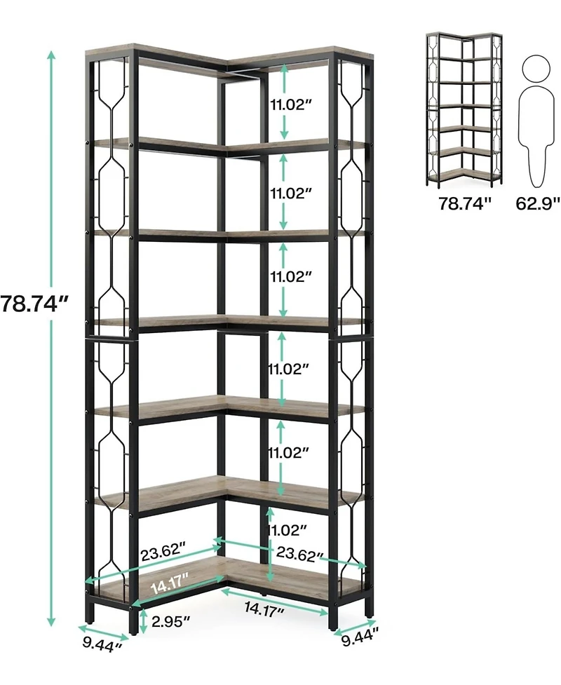 Tribesigns Corner Shelf, 7-Tier Industrial Bookshelf, Wood and Metal Etagere Bookcase, Freestanding Display Shelf for Living Room, Kitch