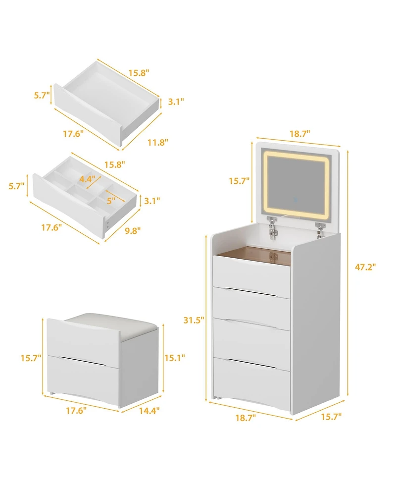 Famapy White Makeup Vanity Sets Dressing Chest with Flip-top Mirror, 3-Drawers, See-Through Glass Top, Led Lights and Stool