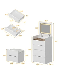 Famapy White Makeup Vanity Sets Dressing Chest with Flip-top Mirror, 3-Drawers, See-Through Glass Top, Led Lights and Stool