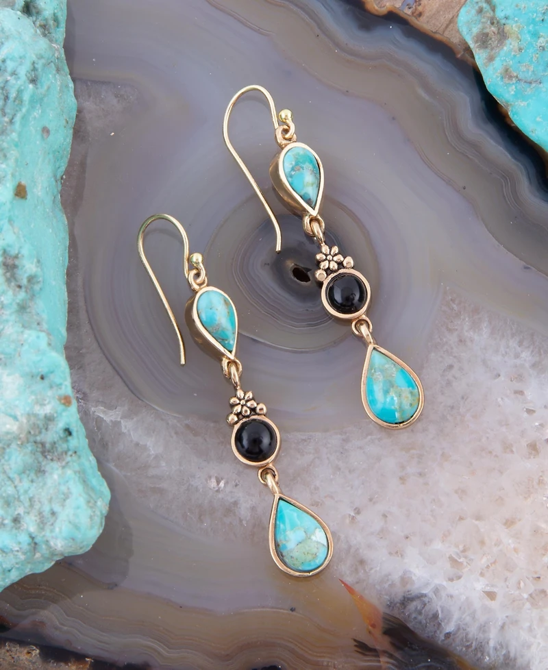 Barse Barcelona Genuine Turquoise Onyx Golden Bronze Teardrop Drop Earrings