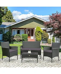 Sugift 4 Pieces Patio Rattan Cushioned Sofa Set with Tempered Glass Coffee Table-Grey & Off White