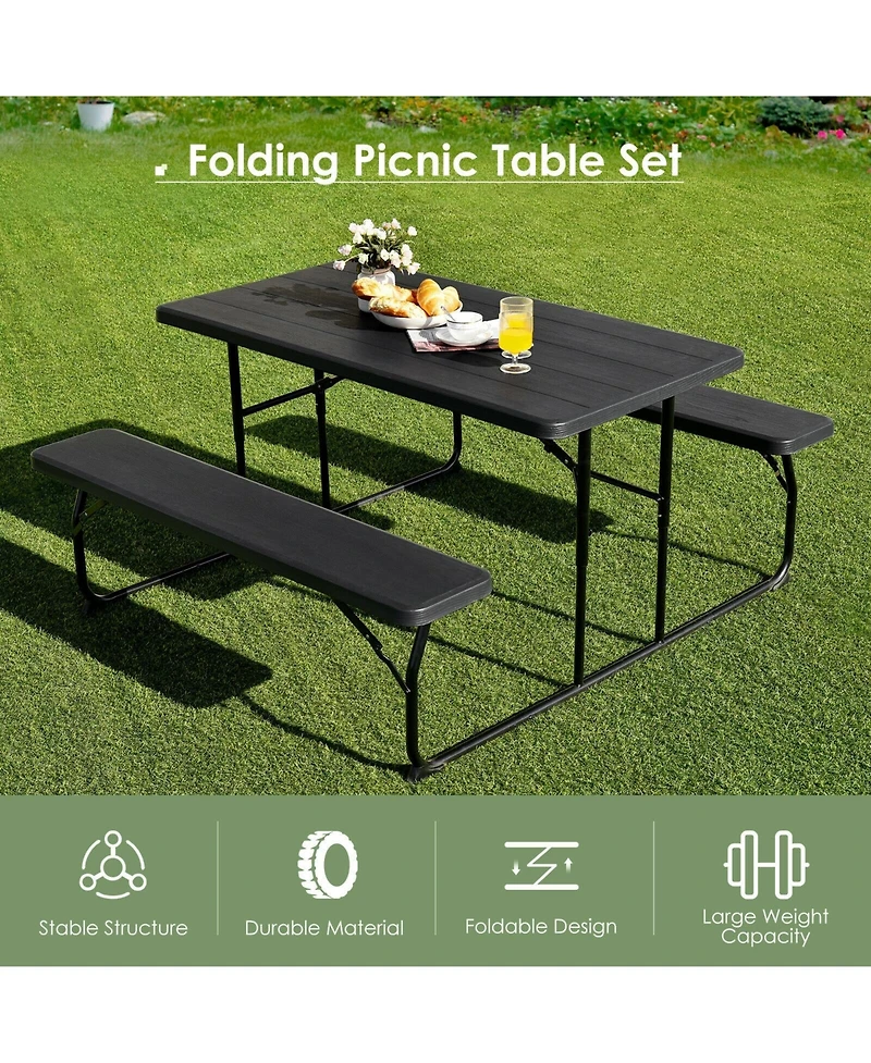 Sugift Folding Picnic Black Table Bench Set with Wood-like Texture