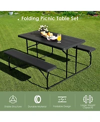 Sugift Folding Picnic Black Table Bench Set with Wood-like Texture