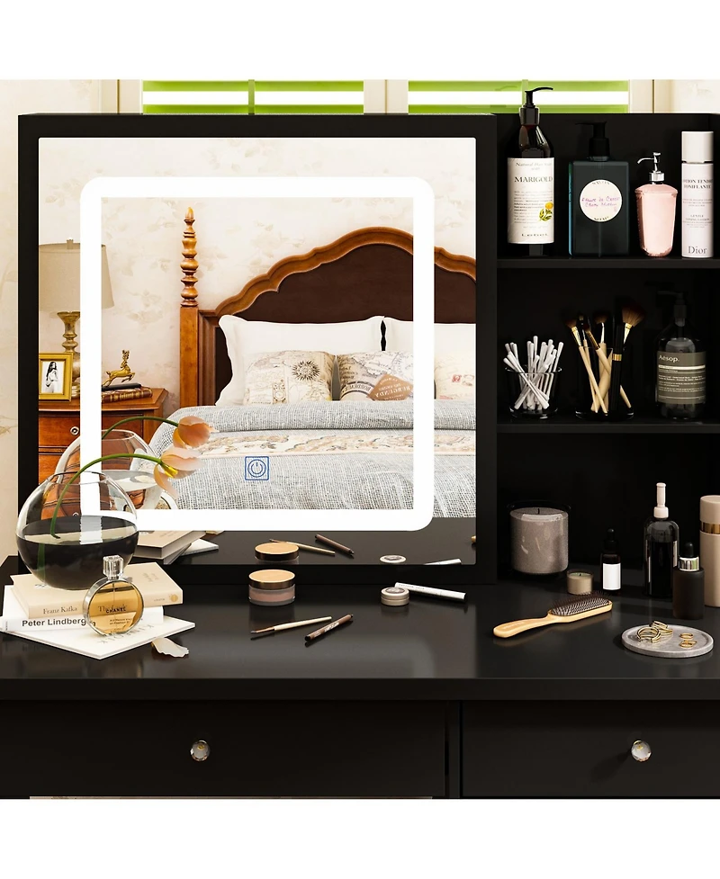 Famapy 5-Drawers Black Wood Led Push-Pull Mirror Makeup Vanity Sets Dressing Table Sets with Stool and 3-Tier Storage Shelves