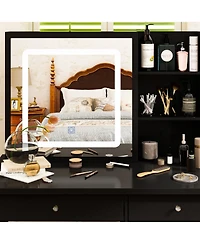 Famapy 5-Drawers Black Wood Led Push-Pull Mirror Makeup Vanity Sets Dressing Table Sets with Stool and 3-Tier Storage Shelves