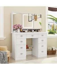 Homsee White Makeup Vanity Table Dressing Desk 3-Mirrors,Led Lighted, 9-Drawers, Hidden Storage Shelves, Carved Metal Handles