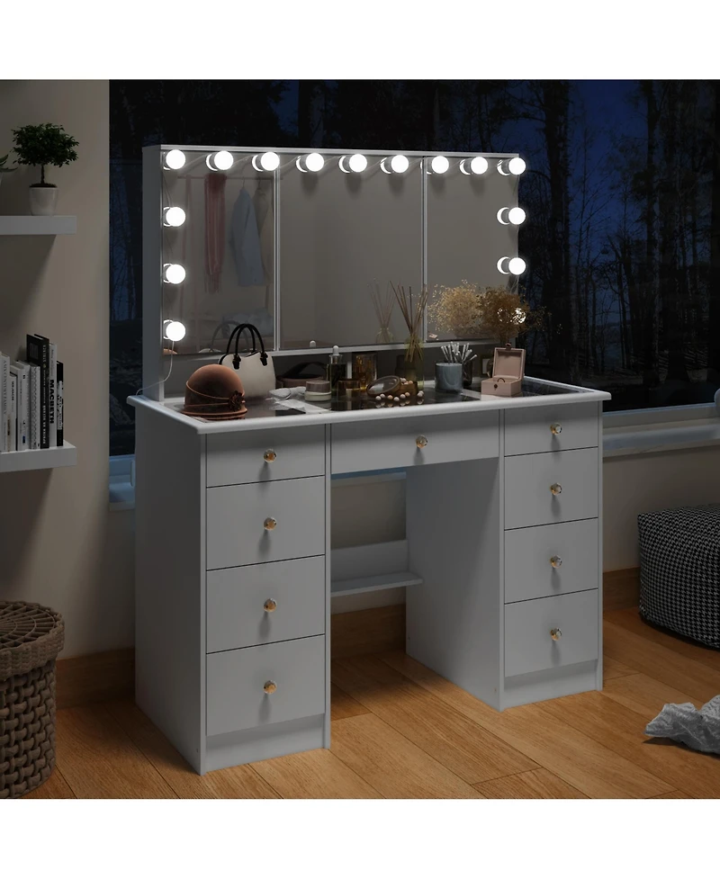 Famapy White Makeup Vanity Desk 9 Drawers Wood Dressing Table With 3 Led Bulb Light Mirrors, Glass Top, Hidden Storage Shelves