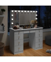 Famapy White Makeup Vanity Desk 9 Drawers Wood Dressing Table With 3 Led Bulb Light Mirrors, Glass Top, Hidden Storage Shelves