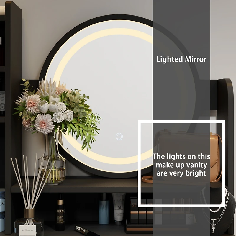 Famapy 5-Drawers White Wood Makeup Vanity Table Dresser Sets Dressing Desk with Led Mirror and Open Shelves