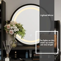 Famapy 5-Drawers White Wood Makeup Vanity Table Dresser Sets Dressing Desk with Led Mirror and Open Shelves