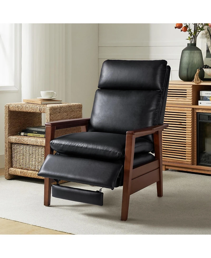 Peter Mid-Century Modern Leather Solid Wood Recliner with Rubber