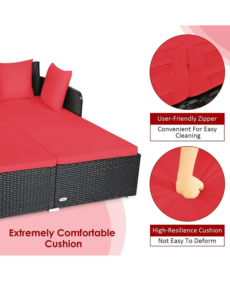 Sugift Spacious Outdoor Rattan Daybed with Upholstered Cushions and Pillows