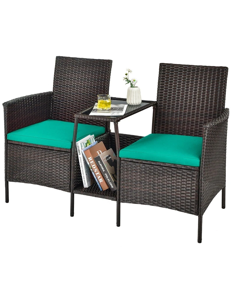 Sugift Rattan Patio Conversation Set Cushioned with Glass Table