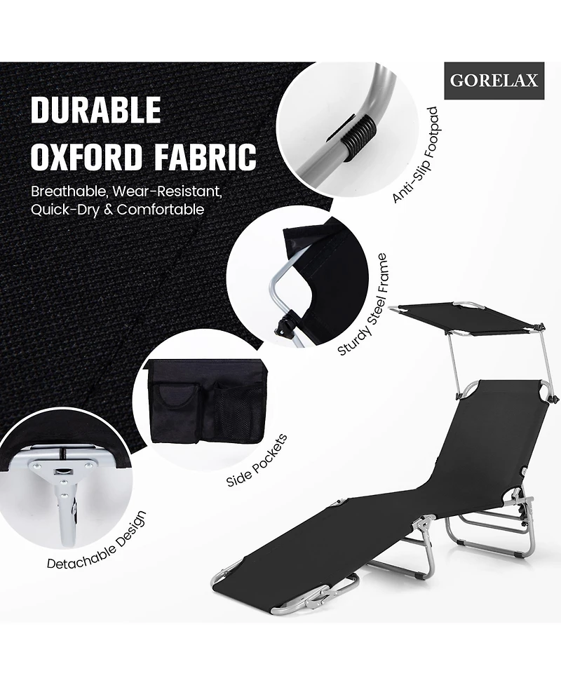 Sugift Black 5-Position Adjustable Outdoor Recliner Chair with Canopy Shade