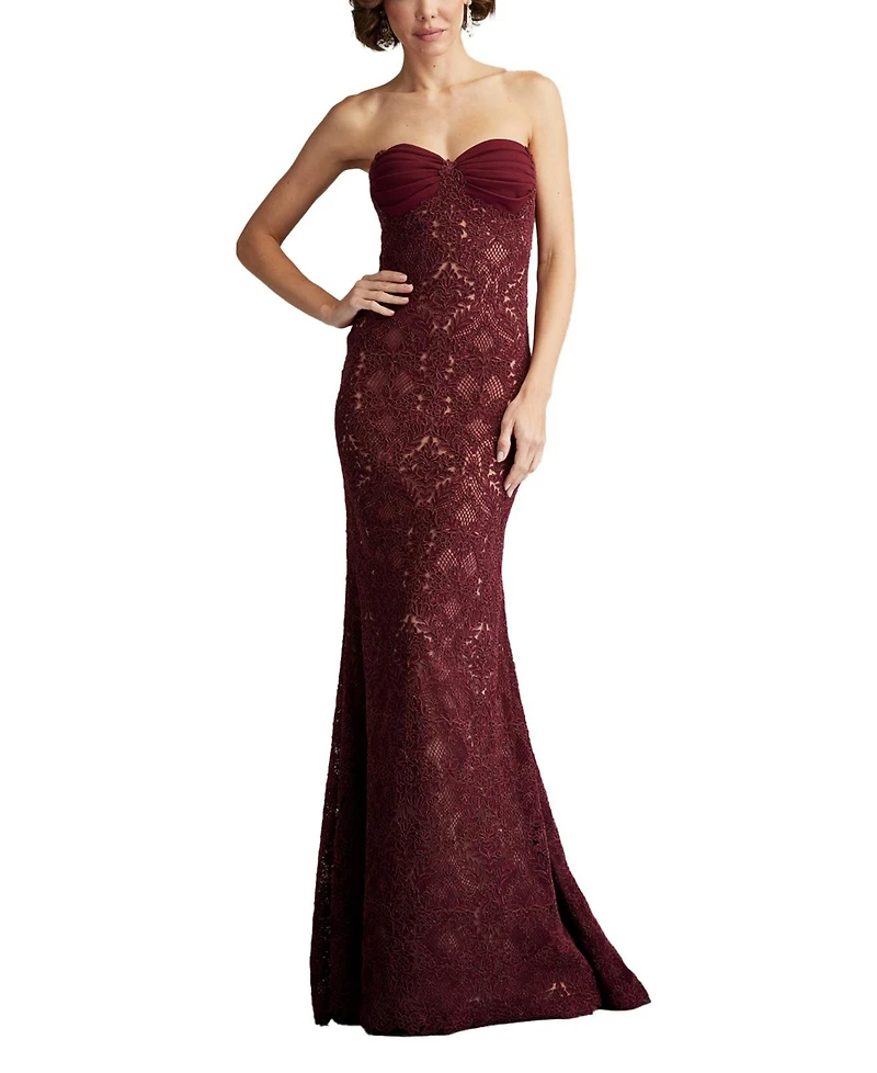 Tadashi Shoji Women's Kohli Strapless Lattice Embroidered Gown