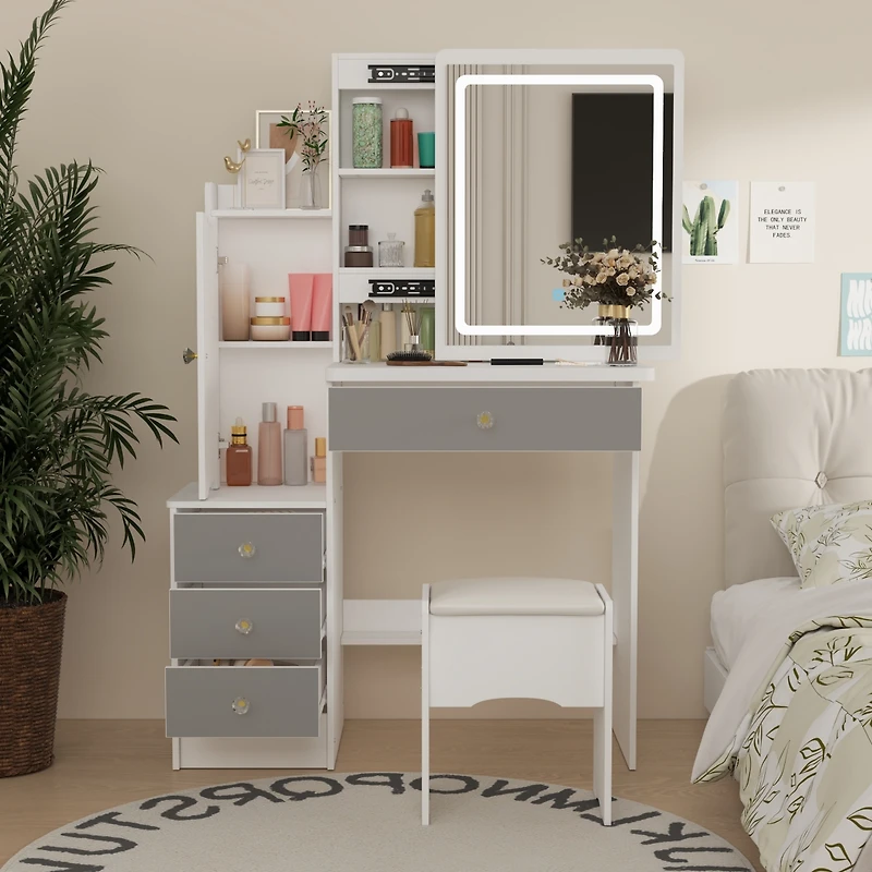 Homsee Grey Wood Silding Led Mirror Makeup Vanity Sets Dresser Table With Storage Shelves, 4-Drawers and Stool