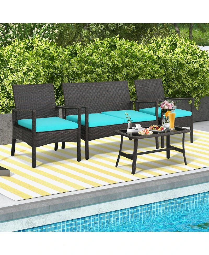 Sugift 4 Pieces Rattan Conversation Set with Tempered Glass Coffee Table