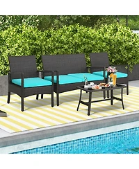 Sugift 4 Pieces Rattan Conversation Set with Tempered Glass Coffee Table