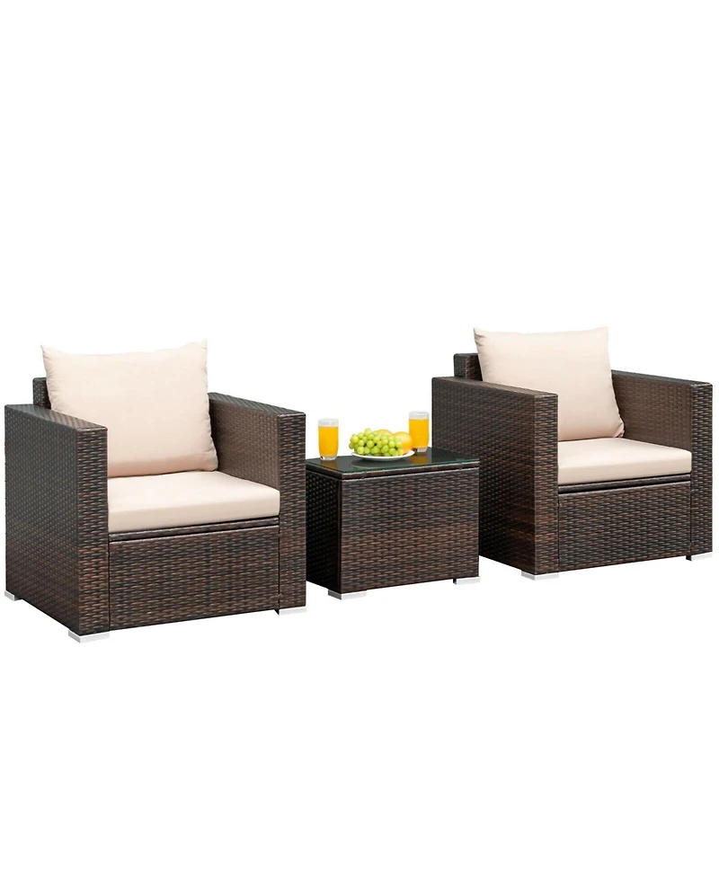 3 Pieces Patio Conversation Rattan Furniture Set with Cushion
