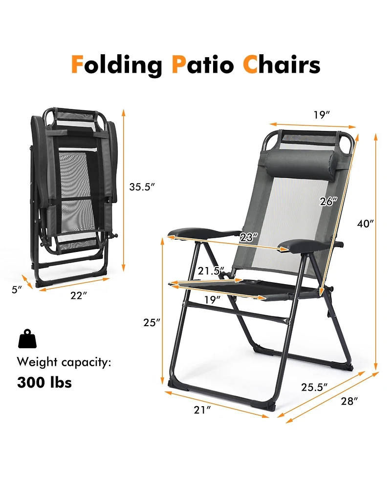 Sugift 2 Pieces Patio Adjustable Folding Recliner Chairs with 7 Level Adjustable Backrest