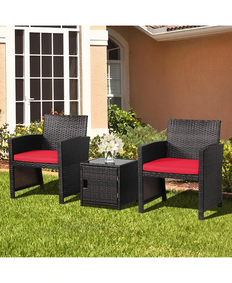 Sugift 3 Pieces Patio Wicker Furniture Set with Storage Table and Protective Cover