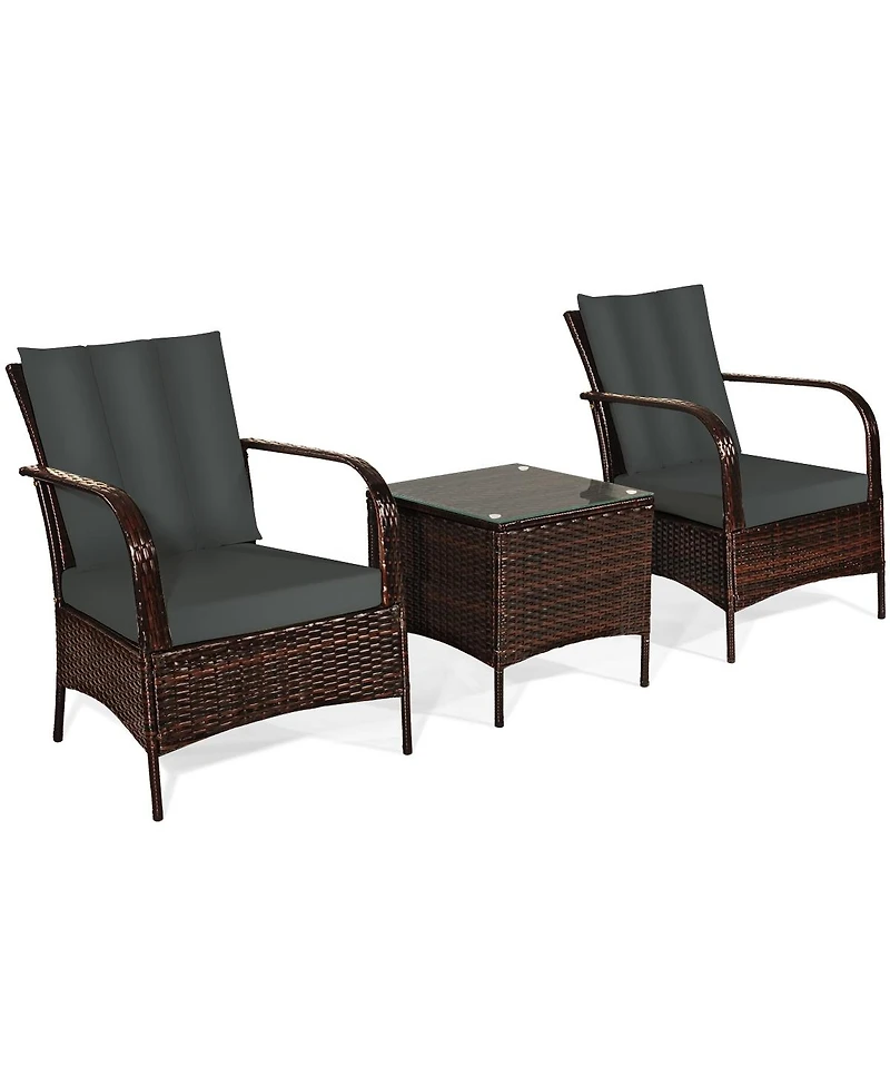 Sugift 3 Pieces Patio Rattan Conversation Set with Glass Top Coffee Table and Cushions