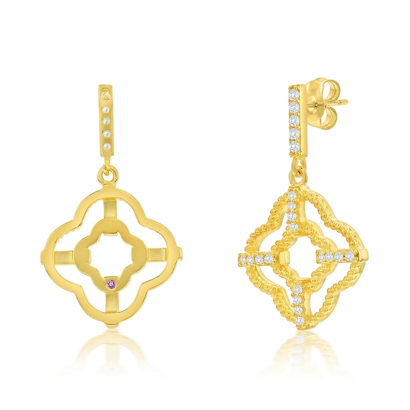 Suzy Levian New York Sterling Silver Cubic Zirconia Trellis Filigree Clover Drop Earrings