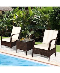 Sugift 3 Pieces Patio Rattan Conversation Set with Glass Top Coffee Table and Cushions