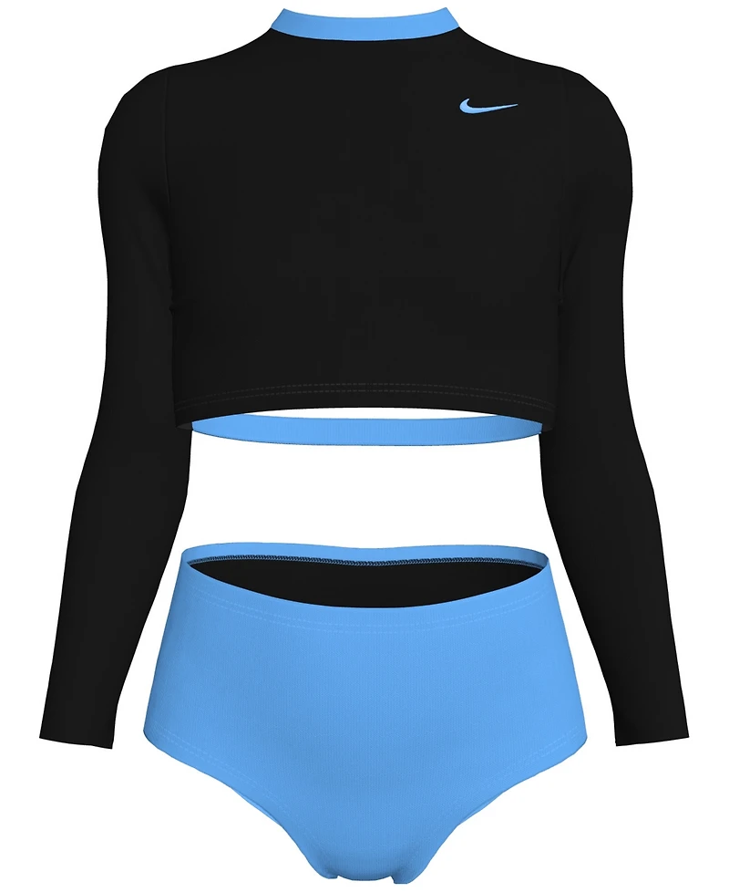 Nike Big Girls Long-Sleeve Crop Top & High-Waist Swim Bottom Swimsuit, 2 Piece Set
