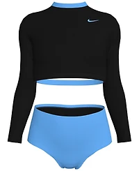 Nike Big Girls Long-Sleeve Crop Top & High-Waist Swim Bottom Swimsuit, 2 Piece Set