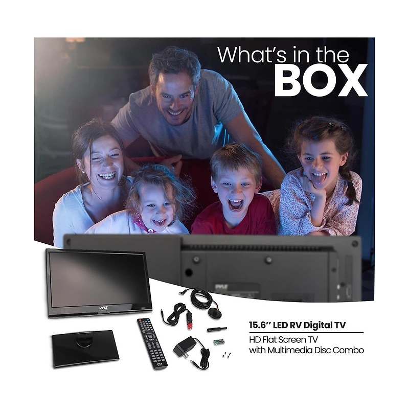 Pyle 15.6 Led Rv Digital Tv with Dvd Combo, Full Hd Flat Screen, 12V/24V Car Adapter