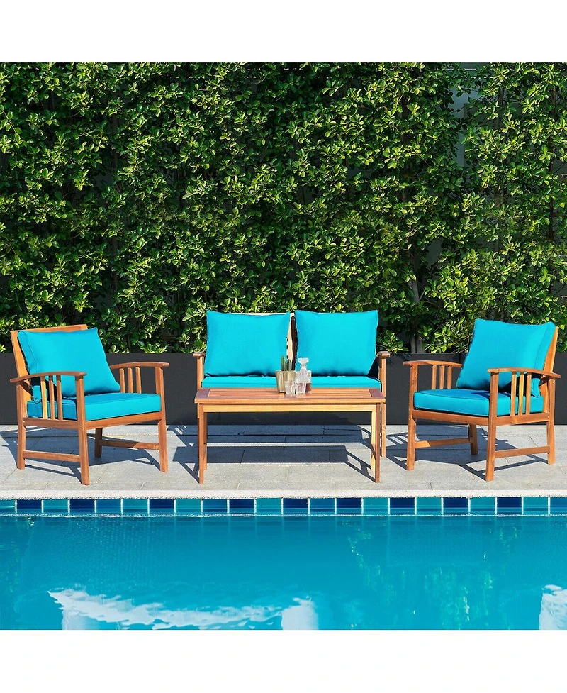 Sugift 4 Pieces Wooden Patio Sofa Chair Set with Cushion