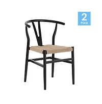 Devine Set Of 2 Y-Back Style Wooden Dining Chairs With Kraft Paper Rope Seats, Stackable Design
