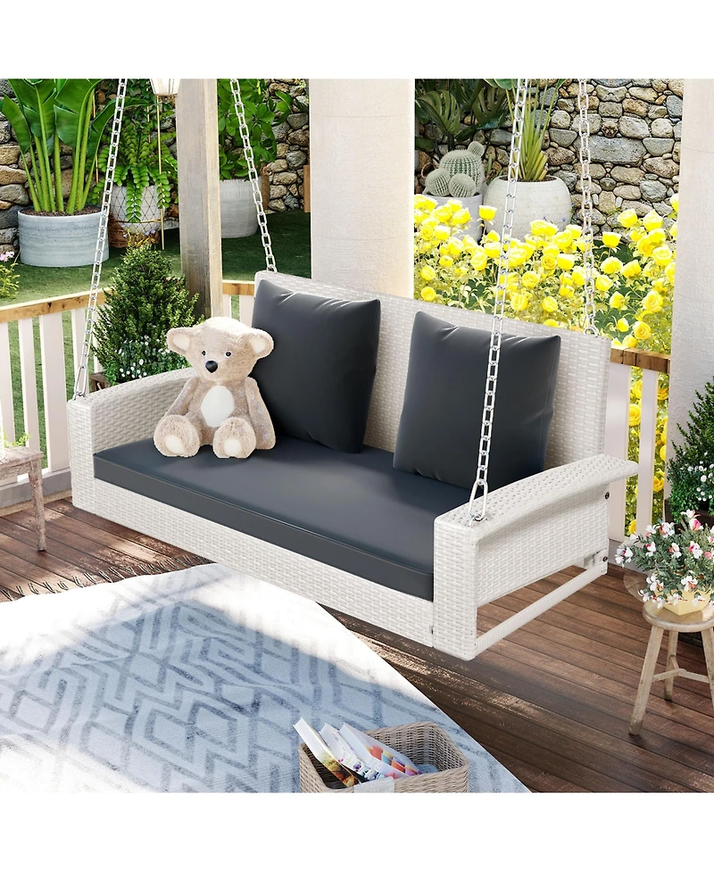Slickblue 2-Person Wicker Hanging Porch Swing with Chains, Cushion, and Pillows