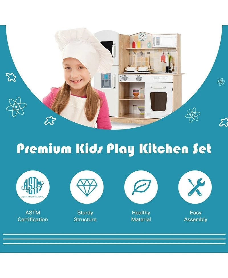 Wooden Kids Pretend Kitchen Playset with Cooking Utensils, Lights, and Sounds