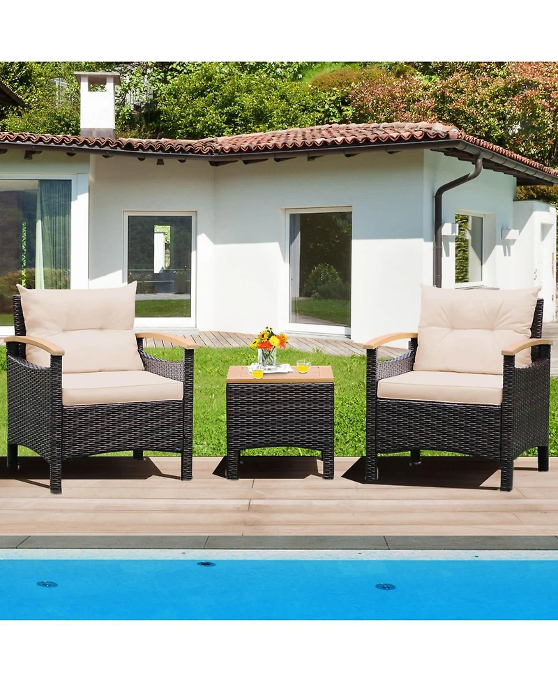 3PCS Patio Rattan Furniture Set Wooden Armrest Table Top Cushioned