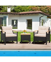 3PCS Patio Rattan Furniture Set Wooden Armrest Table Top Cushioned