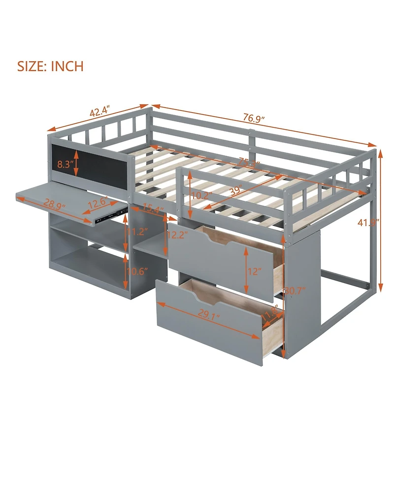 Streamdale Twin Low Loft Bed With Rolling Desk, Shelf And Drawers