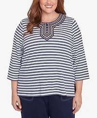 Alfred Dunner Plus Size Block Island Striped Top with Embroidered Neckline