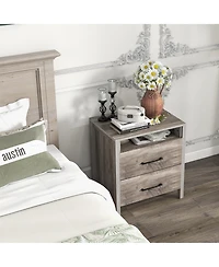 Gymax Nightstand w/ 2 Drawers Farmhouse Bed Side Table w/ Open Storage Shelf
