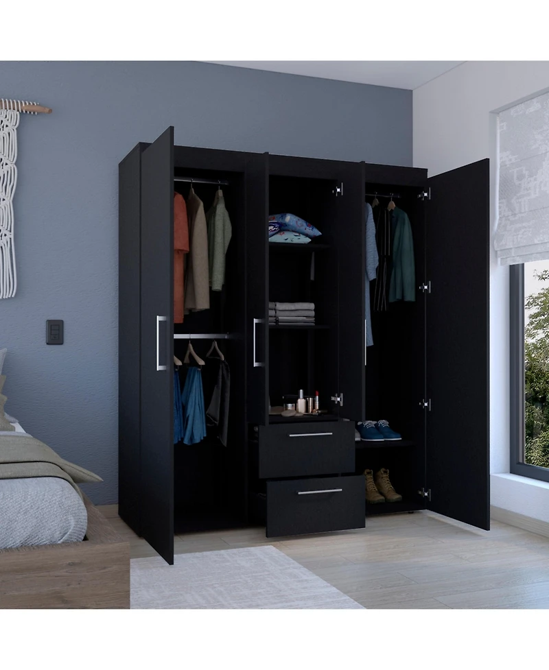 Valier Wardrobe, Deluxe Armoire with Multiple Storage Options and Metal Accents, Black