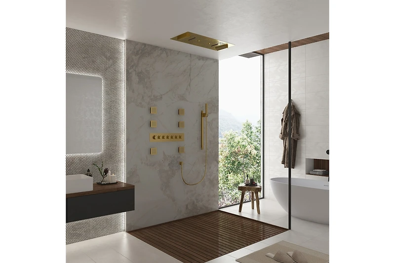 36 Inch Led & Music Rainfall Thermostatic Shower System with Slide Bar and 2-in-1 Handheld