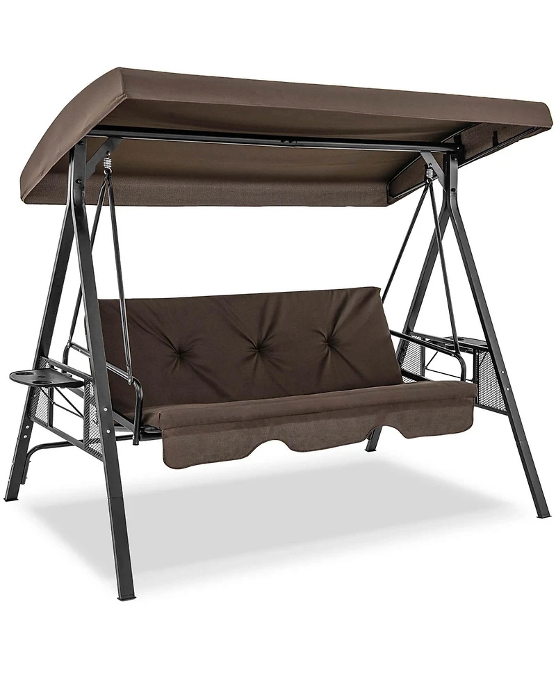 3-Seat Patio Porch Swing with Adjustable Canopy Soft Seat Back Cushions Side Tables