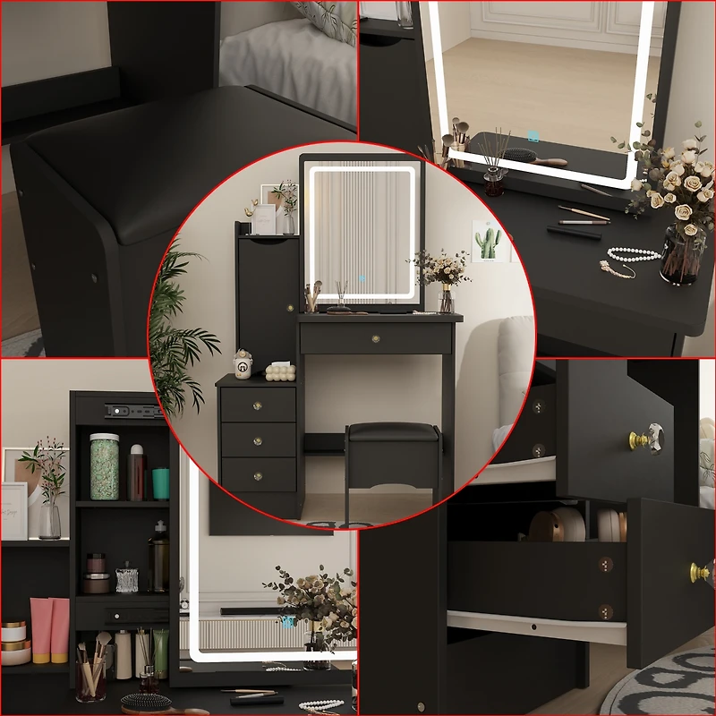 Homsee Grey Wood Silding Led Mirror Makeup Vanity Sets Dresser Table With Storage Shelves, 4-Drawers and Stool