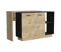 Creta Kitchen Island, Double Door Cabinets, Two External Shelves, Three Shelves, White / Light Oak