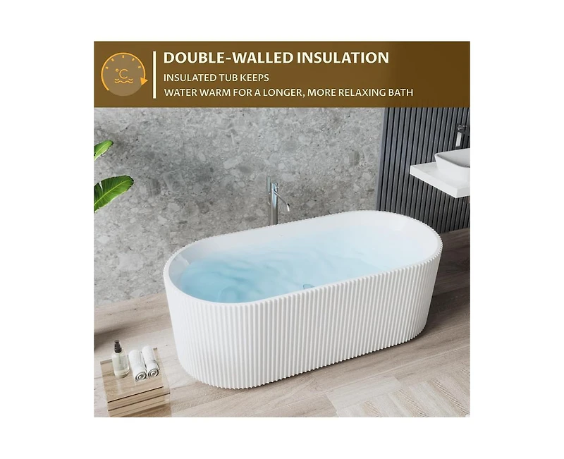 gaomon 59" Acrylic Freestanding Bathtub, V Shape Freestanding Soaking Acrylic Bathtub, Unique Pleated Design With Chrome Drain and Classic Slotted Ove