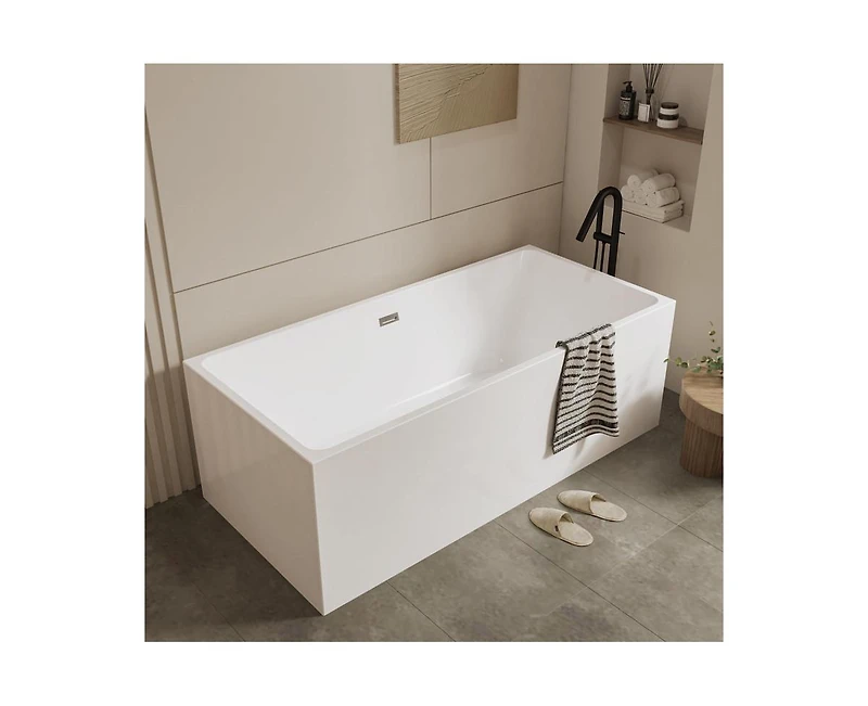 gaomon 59" Acrylic Freestanding Bathtub,Contemporary Rectangular Shape Soaking Tub With Chrome Drain and Minimalist Linear Design Overflow, Easy to In