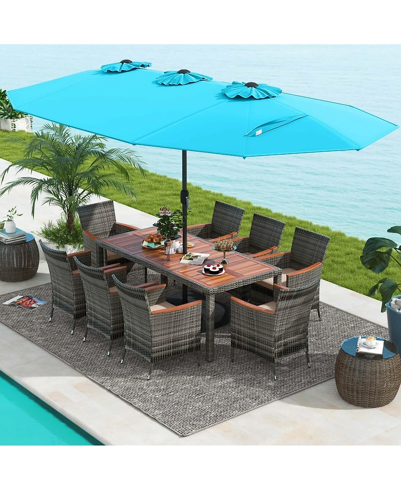 Costway 10 Pieces Patio Wicker Dining Set with Double-Sided Umbrella 8 Armchairs